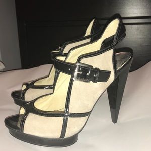 Michael Kors Gray Suede Black Patent Open Toe Pump